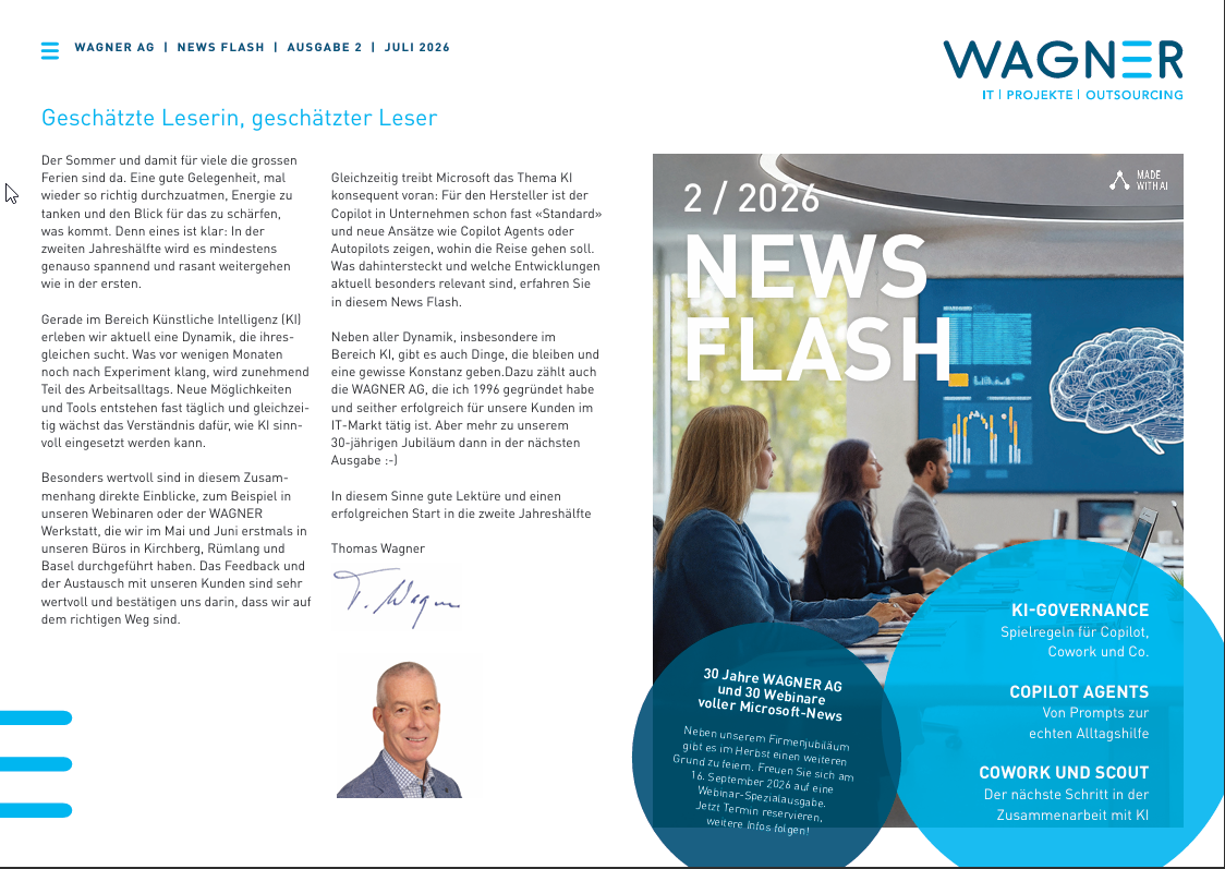 News Flash 2/2026 mit Fokus auf KI-Governance, Copilot Agents sowie Cowork und Scout